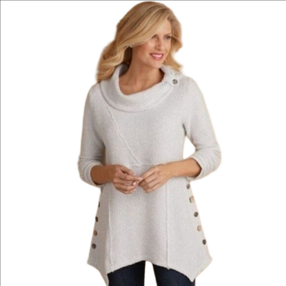 SOFT SURROUNDINGS Cowl Neck Sweater Light Gray Button Detail Size XS